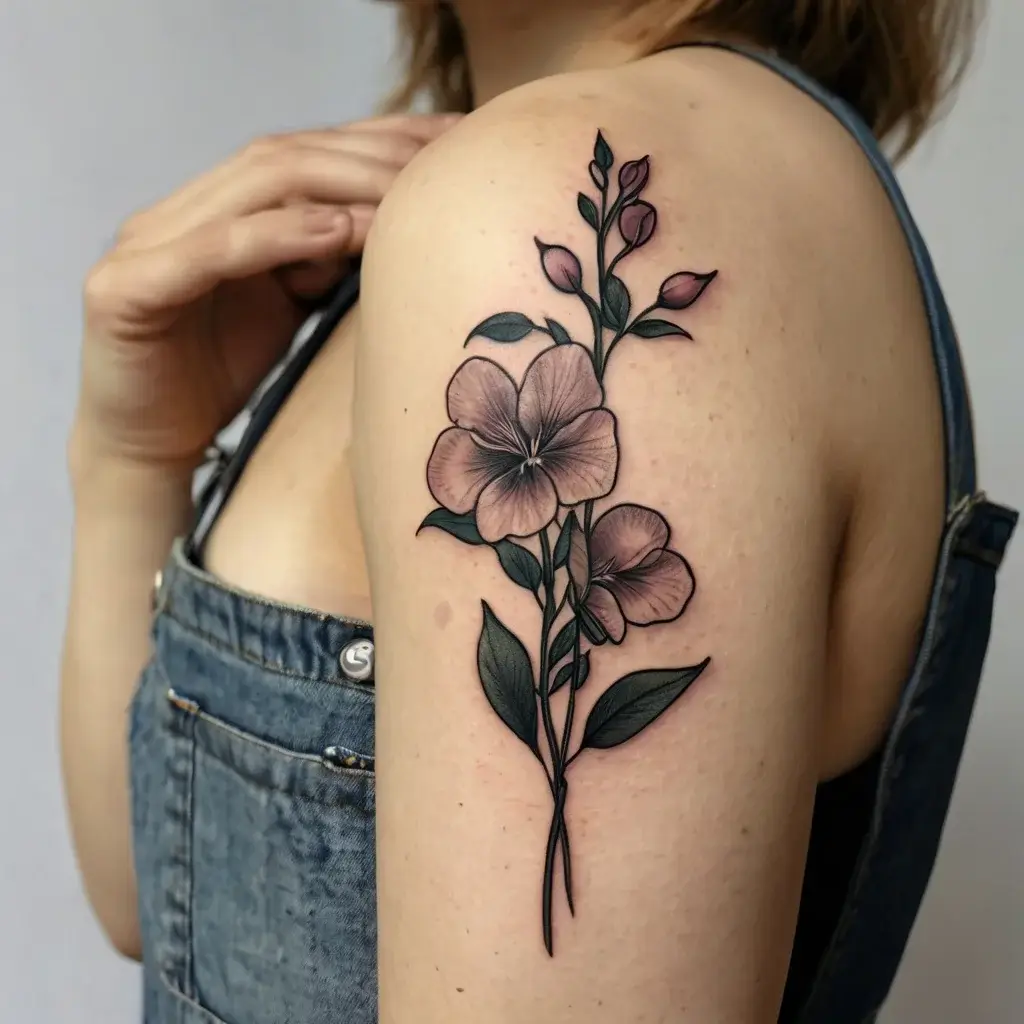 Delicate floral tattoo on upper arm, featuring large pink blooms with detailed shading and green leaves.