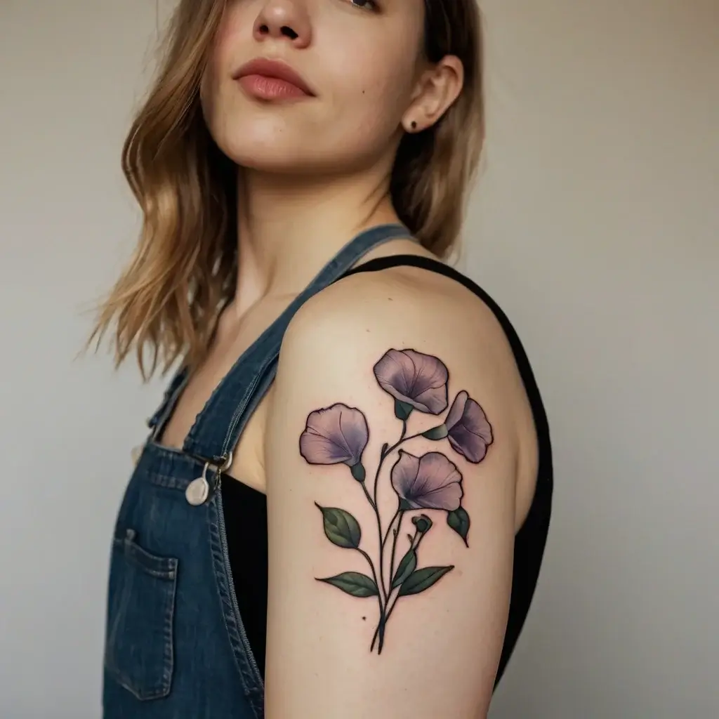 Tattoo of delicate purple flowers with green leaves on the upper arm, showcasing a soft, watercolor-style design.