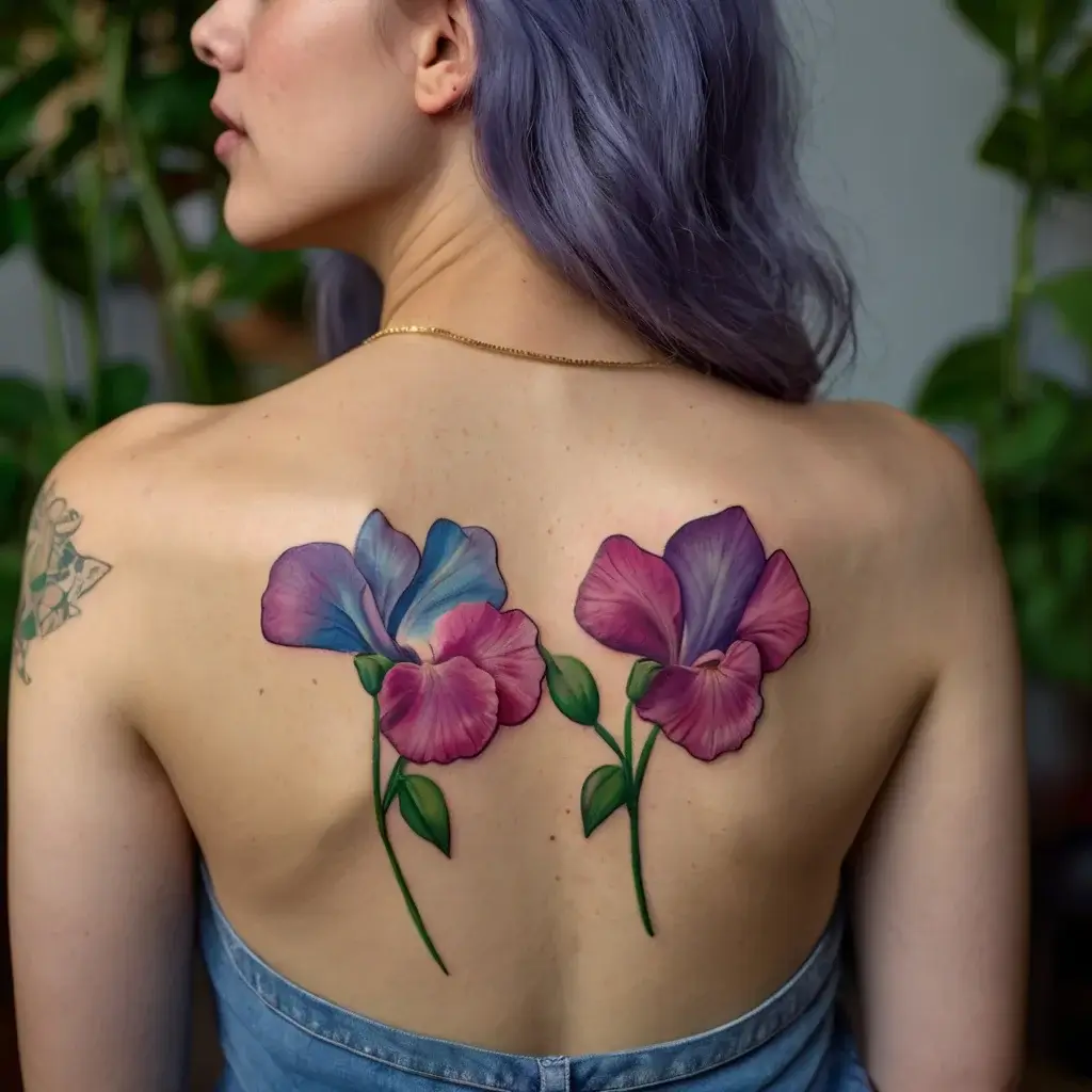 Vibrant tattoo of two sweet pea flowers in purple and pink hues, detailed petals and green leaves, across the upper back.