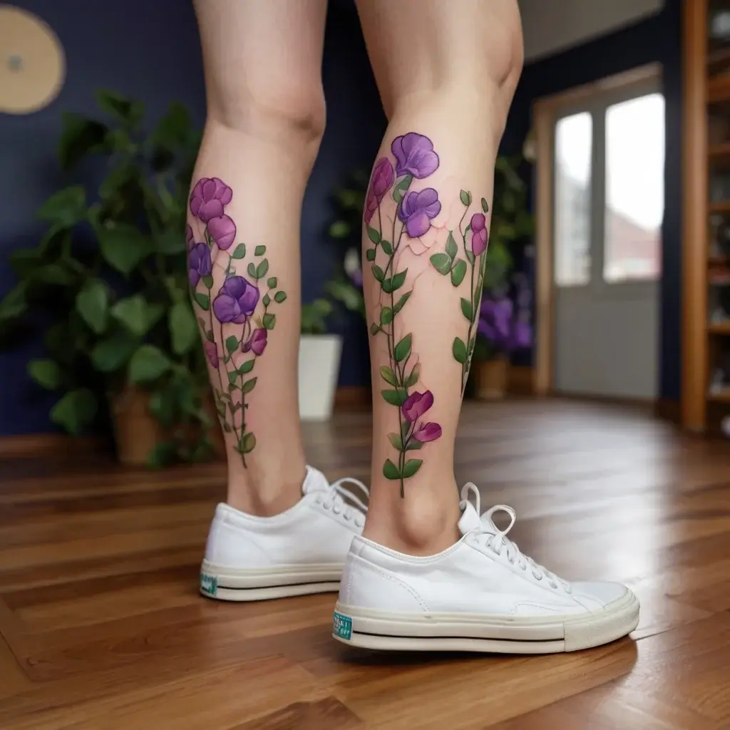 Floral leg tattoos of purple blooms with green leaves elegantly wrap around the calves, creating a vibrant natural look.