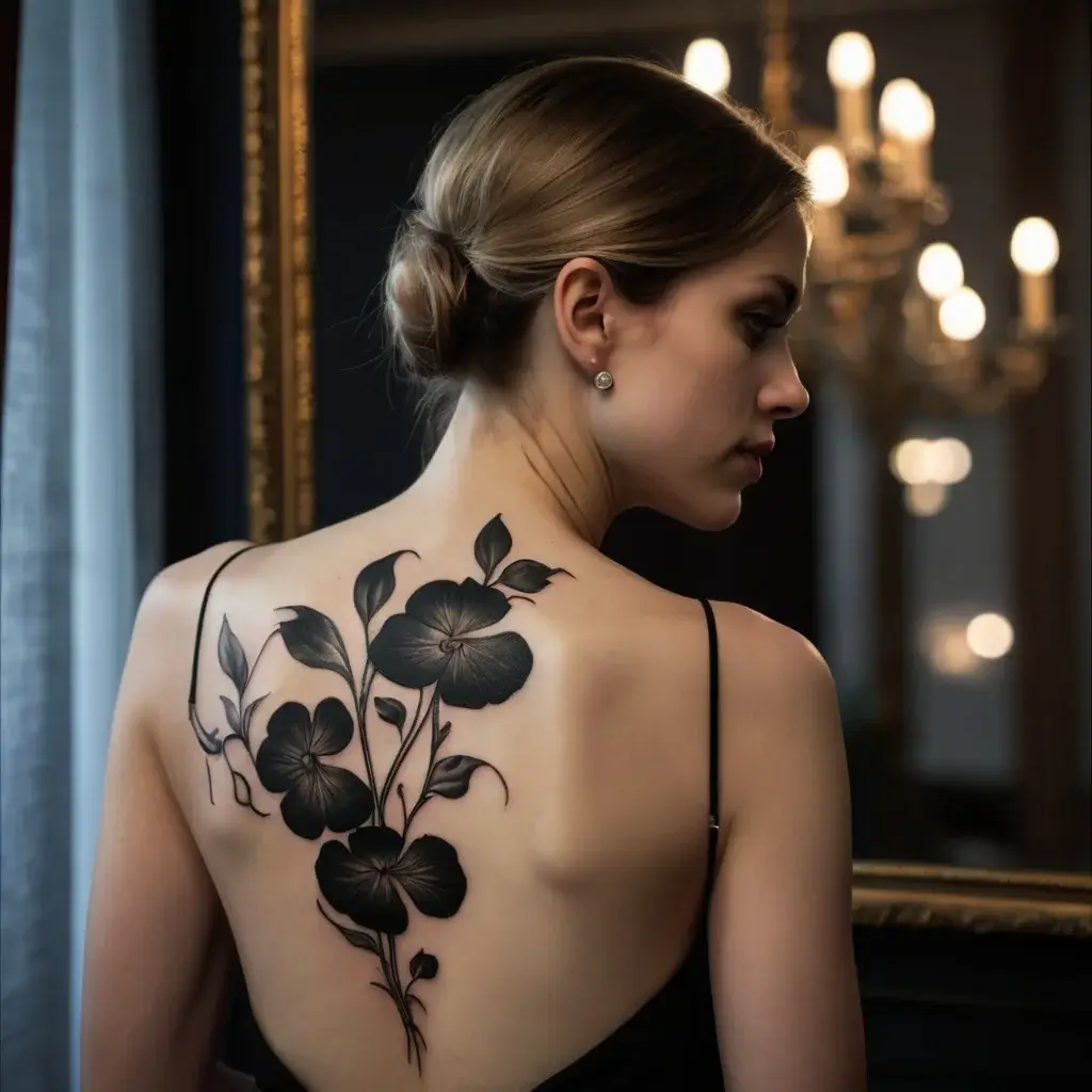 Black floral tattoo on a woman's back, featuring large petal flowers and delicate vines, artistically flowing down her shoulder.