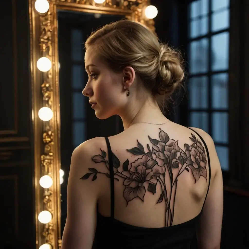 Elegant black and grey floral tattoo on the upper back, showcasing detailed lilies with bold outlines and subtle shading.