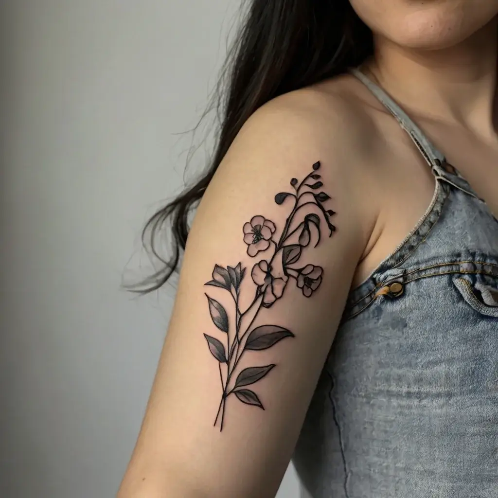 Minimalist floral tattoo on upper arm with delicate black lines and shading, featuring a stem with leaves and blooms.