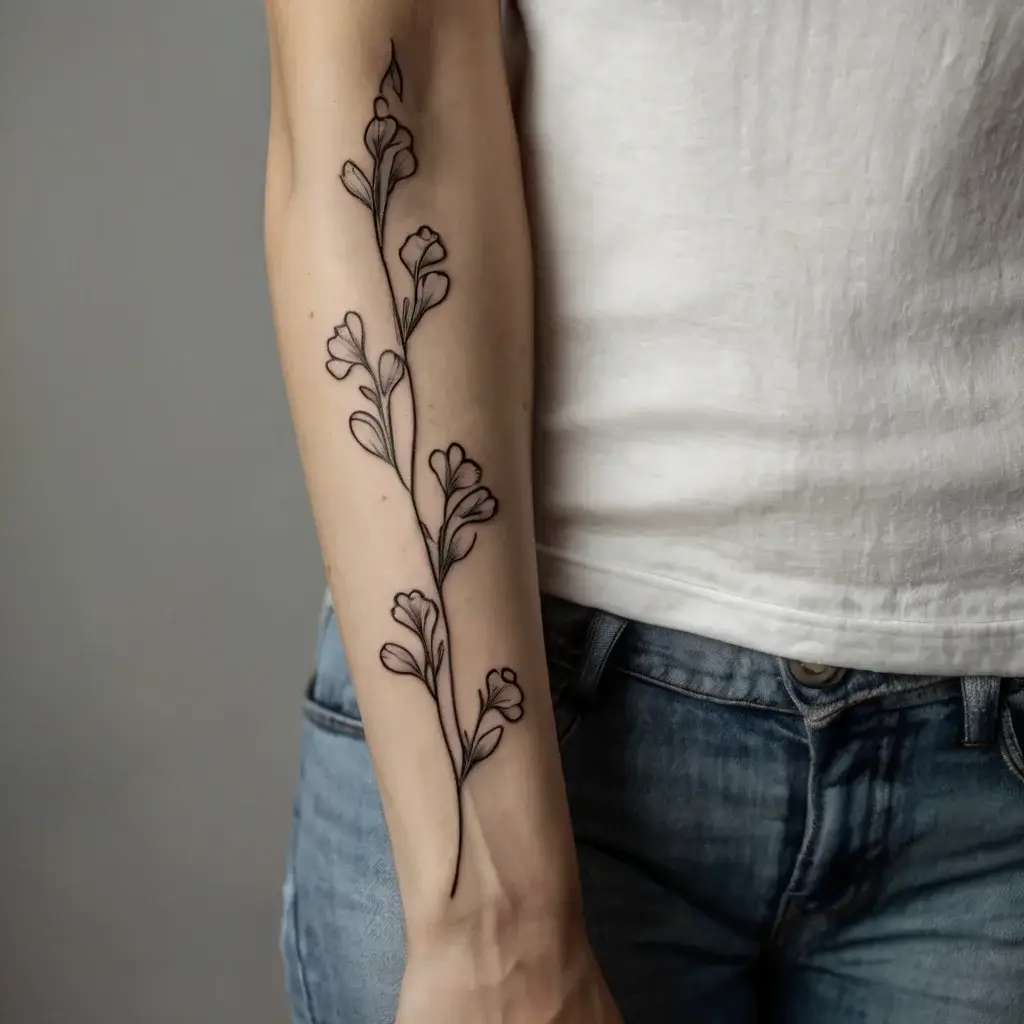 Minimalistic floral tattoo on forearm with delicate line work branches and blossoms, symbolizing growth and elegance.