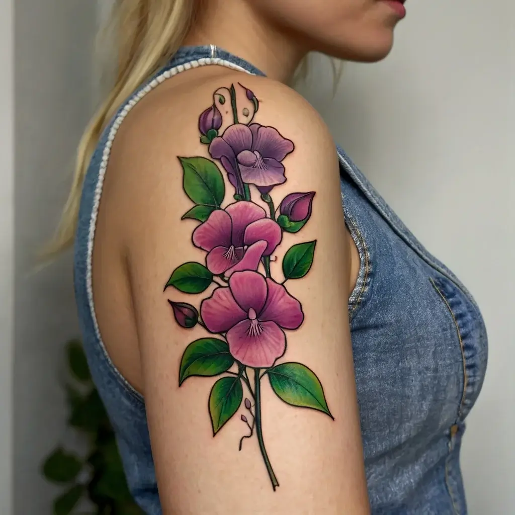 Vibrant tattoo of purple bell-shaped flowers with green leaves cascading down the arm, blending realism and color.