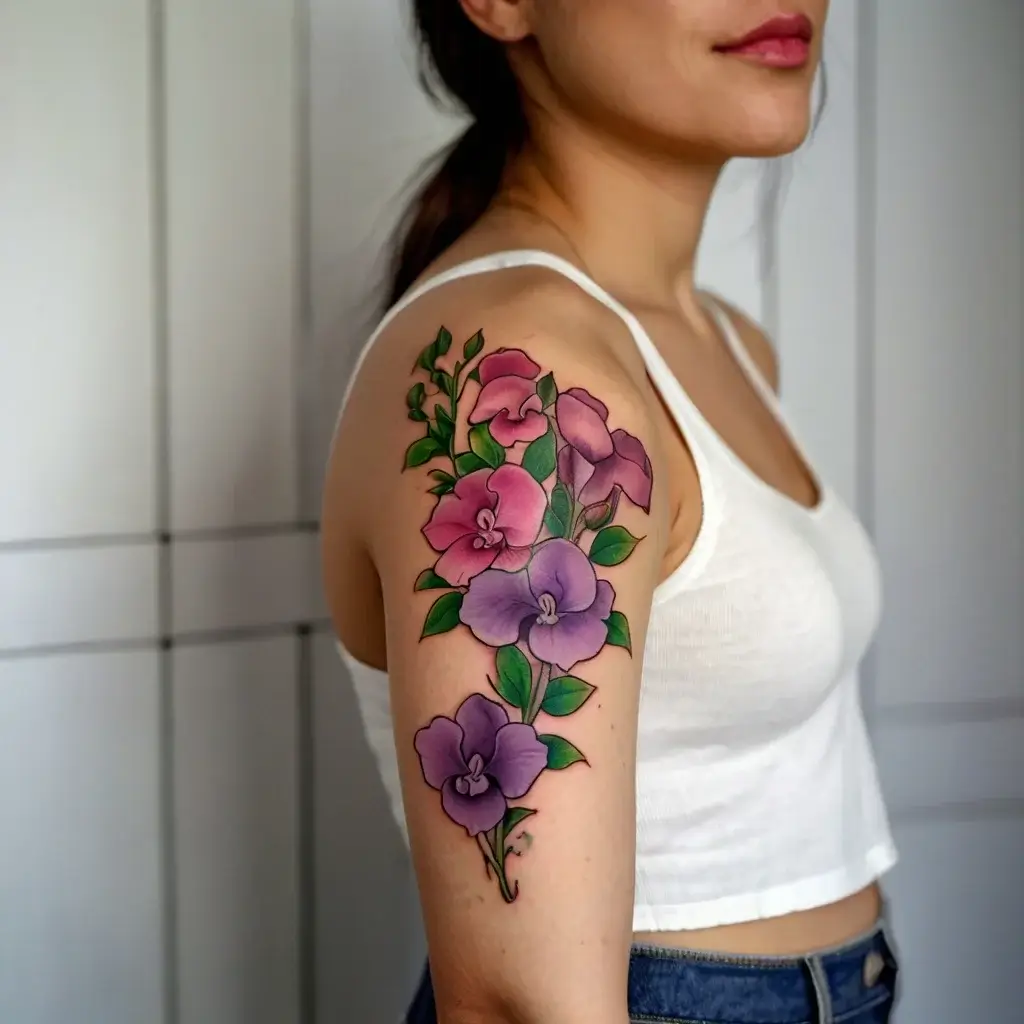 Colorful floral tattoo on upper arm featuring pink and purple flowers with green leaves, in a realistic style.