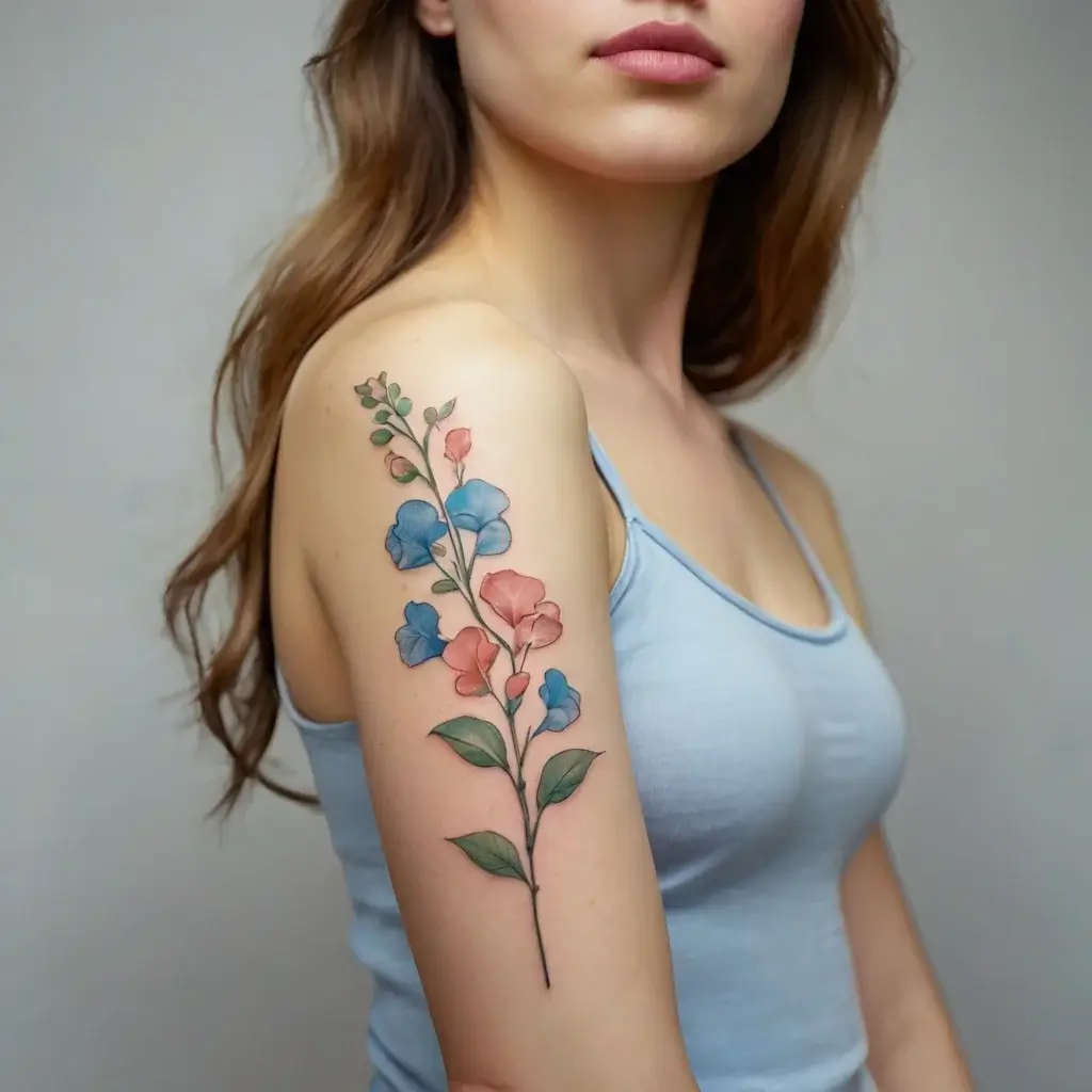 Tattoo of delicate blue and pink flowers with green leaves, elegantly arranged along the upper arm in a vertical design.