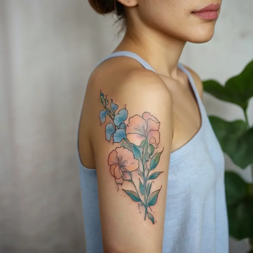 Tattoo of pastel pink and blue flowers with green leaves on the upper arm, blending realism and watercolor styles.