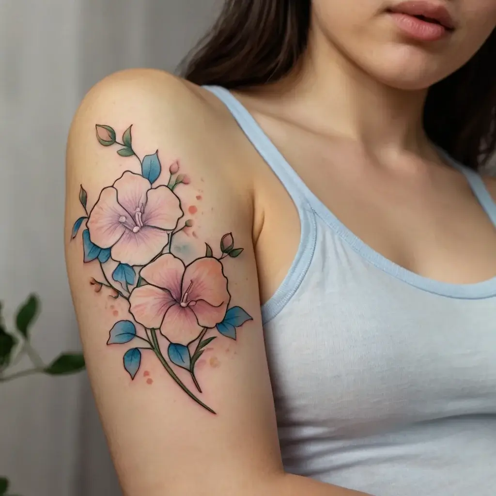 Tattoo of pastel pink and blue flowers with green leaves on the upper arm, featuring delicate shading and soft outlines.