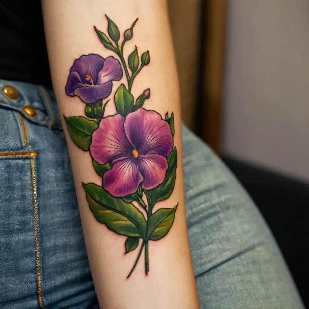 Tattoo of two purple flowers with green leaves on arm, detailed shading for a realistic and vibrant effect.