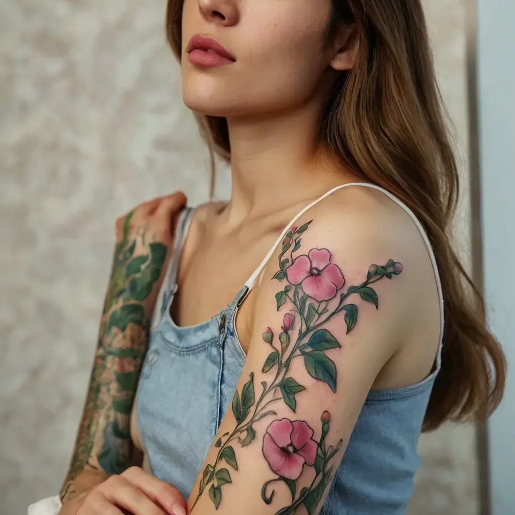 Floral tattoo featuring pink blossoms with green leaves on the arm, showcasing delicate detailing and vibrant colors.