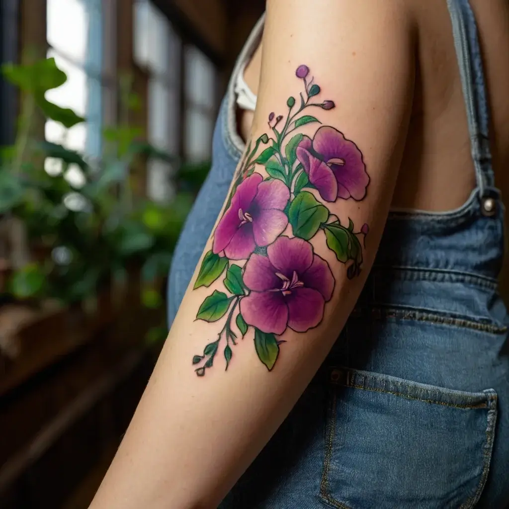 Bold purple hibiscus tattoo on the upper arm, with lush green leaves and buds, showcasing vibrant contrast and detail.