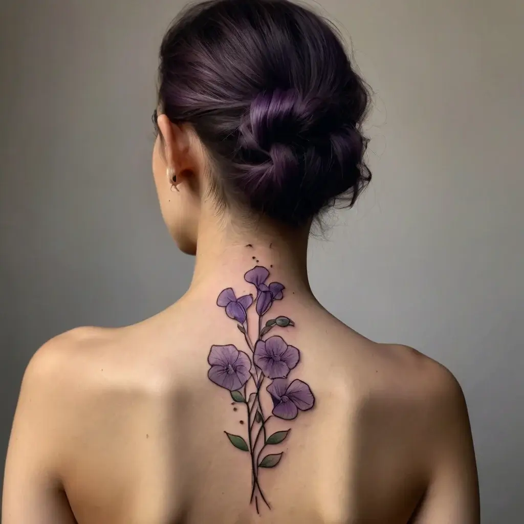 Tattoo of vertical lavender flowers with green leaves on the upper back, blending realism and watercolor styles.