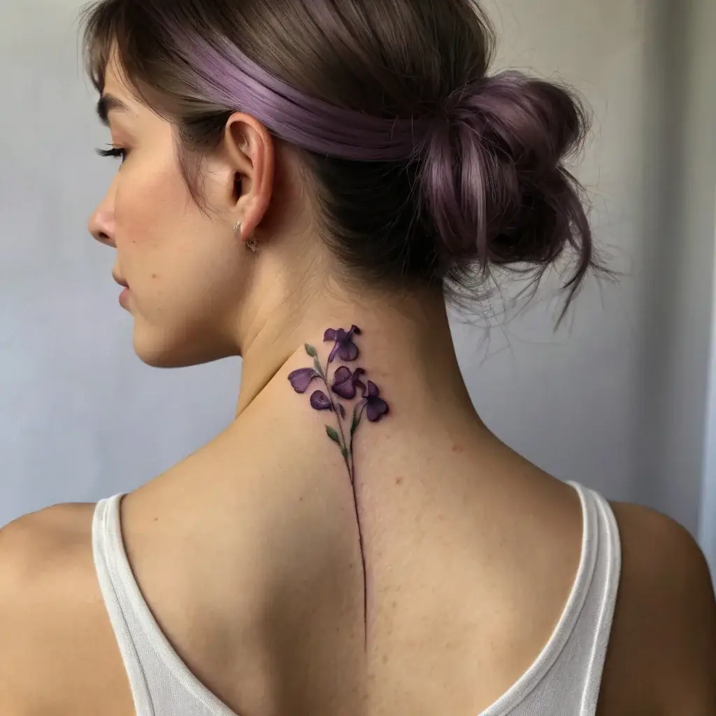 Neck tattoo of delicate purple flowers with green stems, blending realism and minimalism for an elegant floral design.