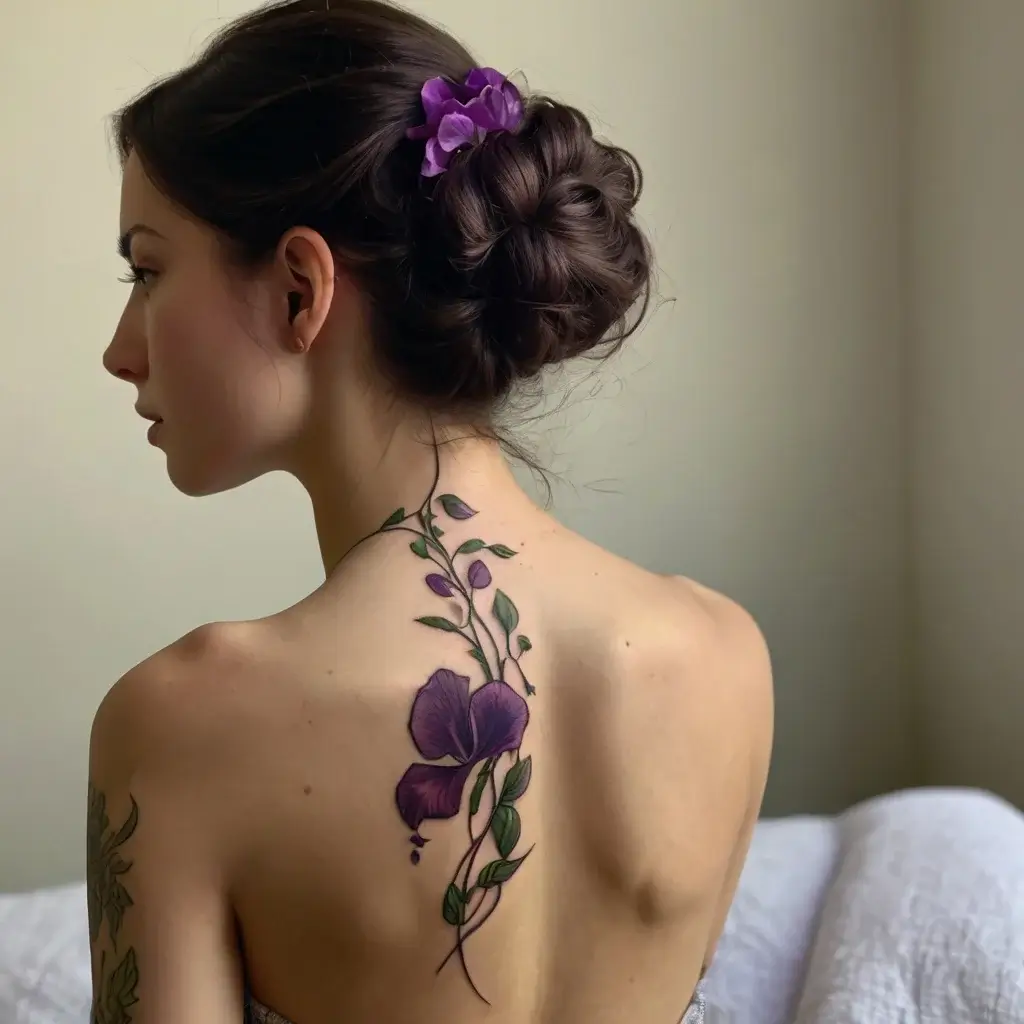 Orchid tattoo on upper back with flowing vines and leaves, in shades of purple and green, exuding elegance and grace.