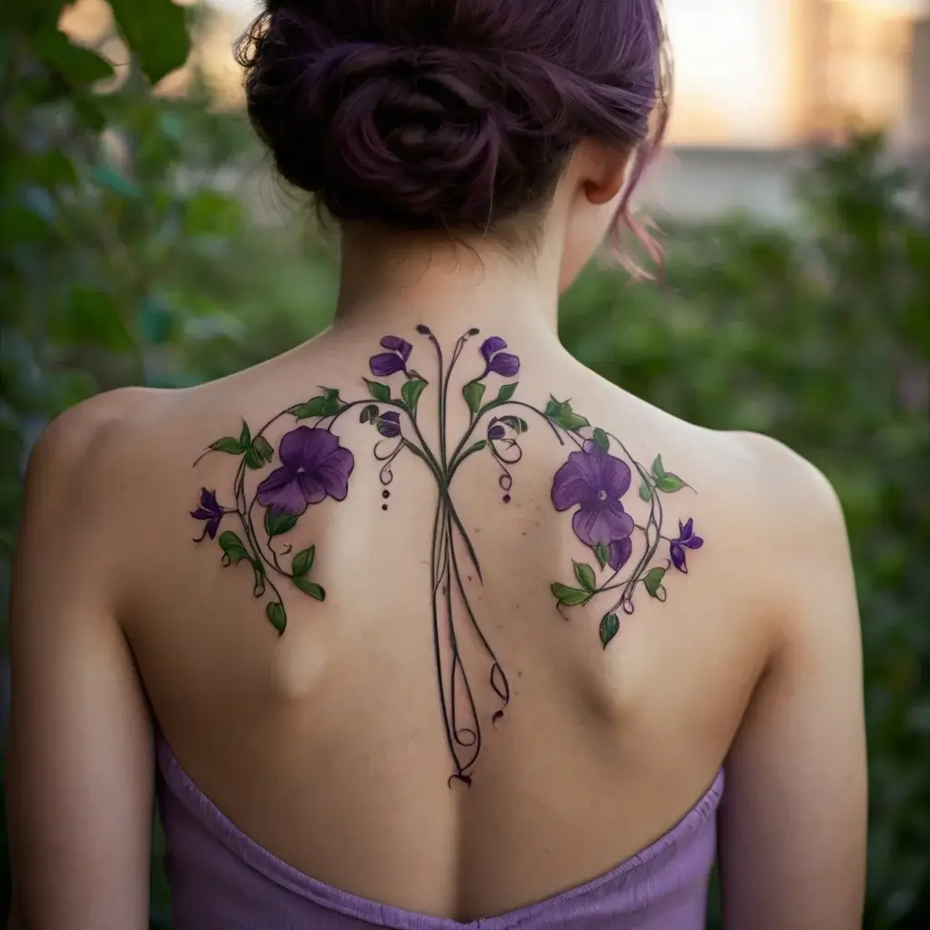 Intricate floral tattoo on the back featuring purple blooms, swirling vines, and delicate green leaves, emphasizing elegance.