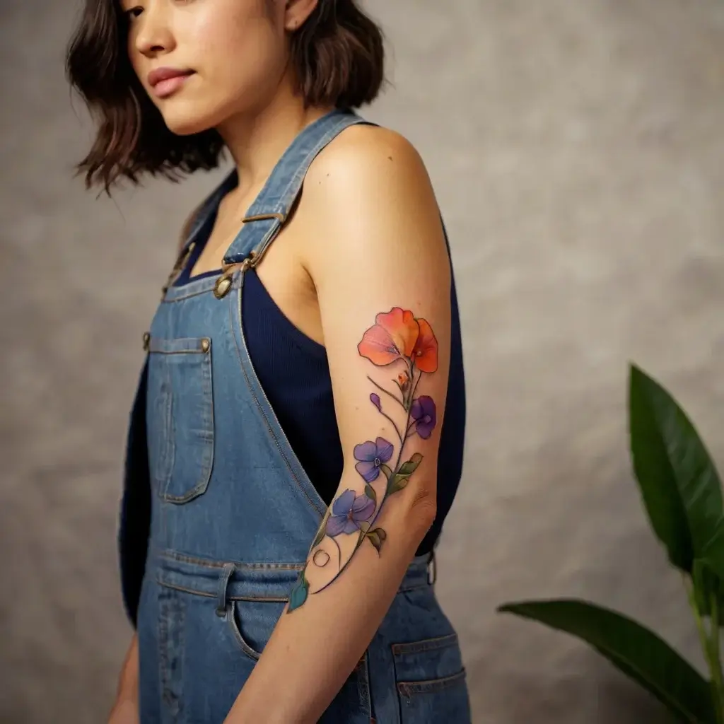 Colorful floral tattoo on upper arm depicting delicate wildflowers, including orange and purple blossoms with green leaves.