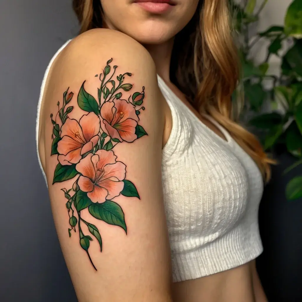 Tattoo of peach hibiscus flowers with green leaves on the upper arm. The design is vibrant and detailed.