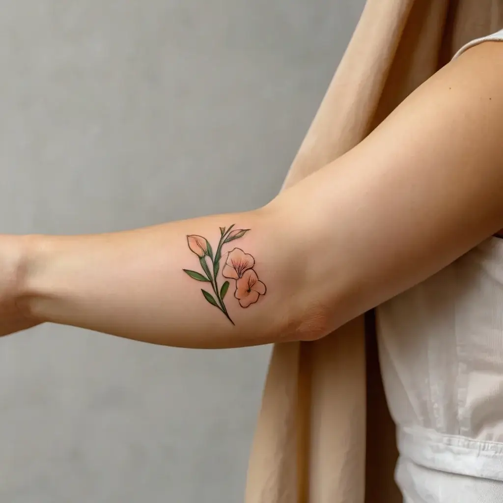 Delicate tattoo of orange flowers with green leaves on the inner arm, blending realism with minimalistic linework.