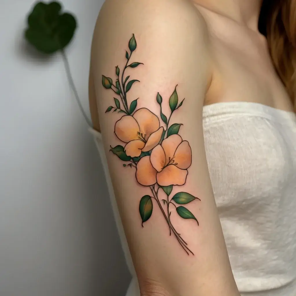 Tattoo of vibrant orange flowers with delicate green leaves on the upper arm, featuring elegant linework and shading.