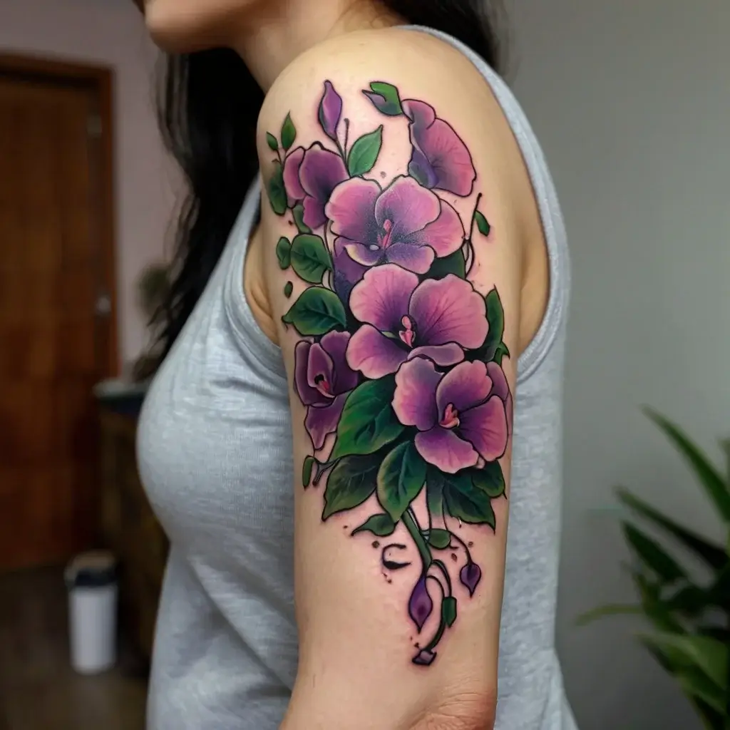 Vibrant purple flowers with green leaves intricately tattooed on an upper arm, creating a bold, colorful design.