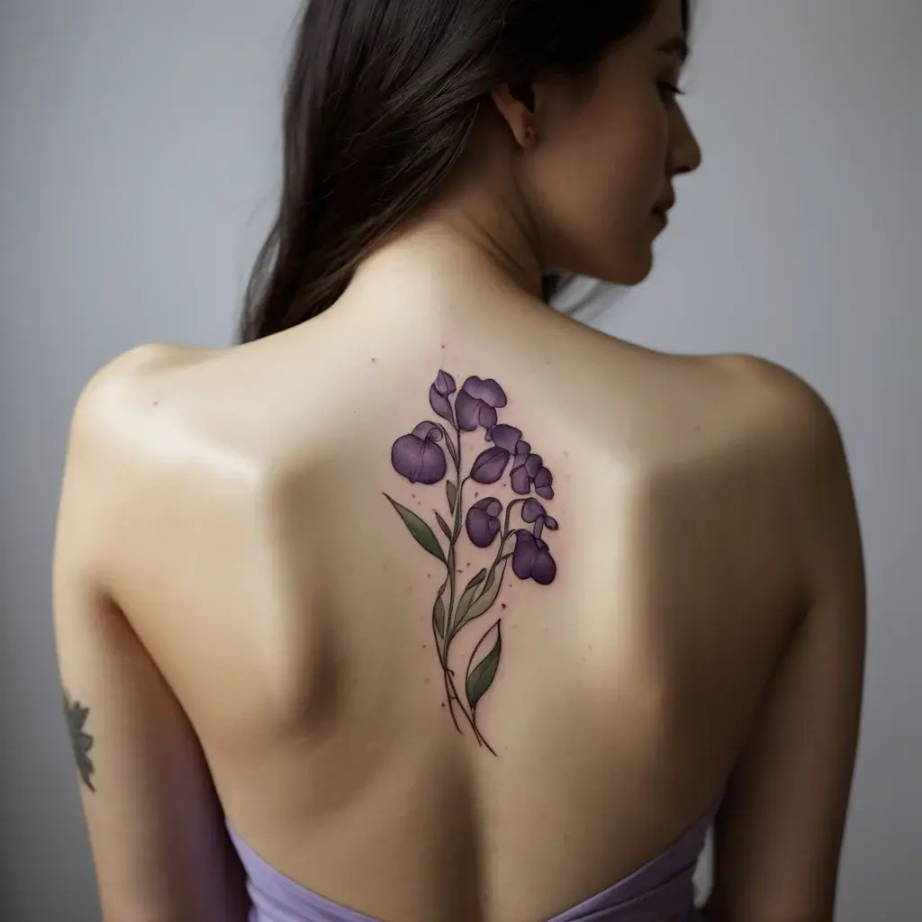 Orchid back tattoo in purple hues with delicate shading, featuring slender green leaves and detailed petals.