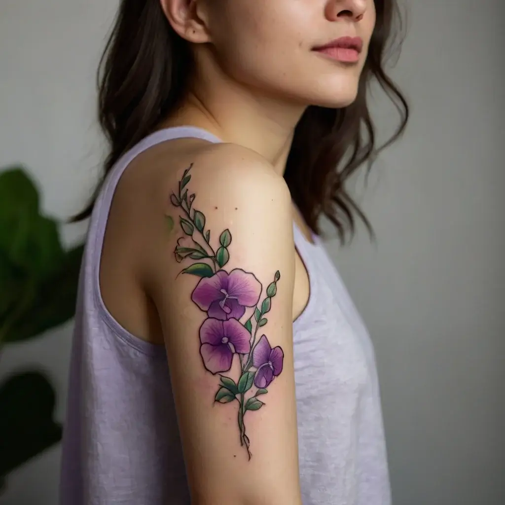 Purple flowers with green leaves, elegantly designed along the upper arm, showcasing fine lines and vibrant shading.