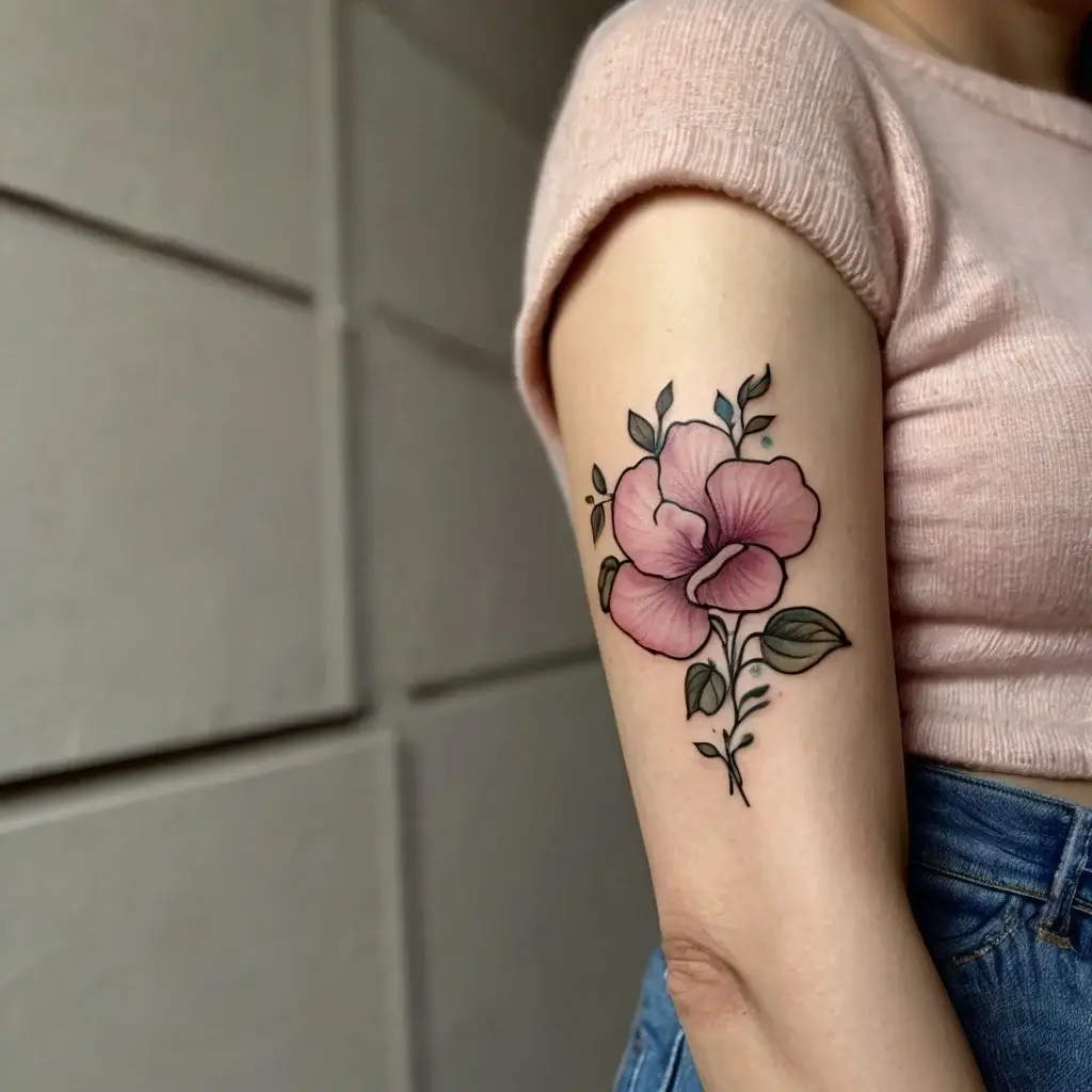 Tattoo of a pink hibiscus flower on the upper arm, detailed with soft shading and surrounded by green leaves.