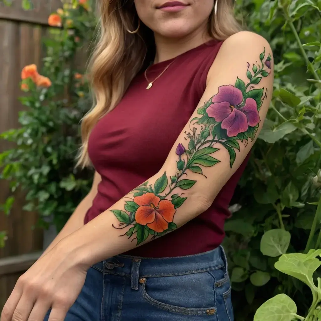 Floral tattoo sleeve with vivid orange and purple blossoms intertwined with green leaves, adorning the arm.