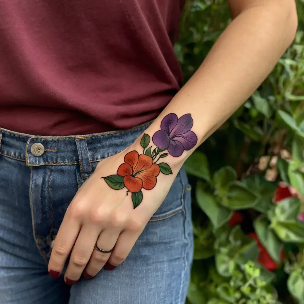 Colorful tattoo of a purple and orange pansy on the wrist, with vibrant green leaves, showing detailed linework.