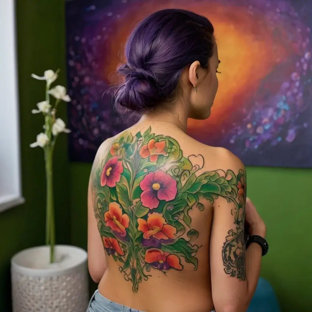 Vivid floral back tattoo with vibrant pink and orange flowers, lush green leaves cascading across the shoulder.