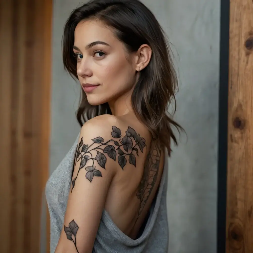 Floral vine tattoo wraps the shoulder, featuring detailed black leaves and stems, extending down the arm and back.