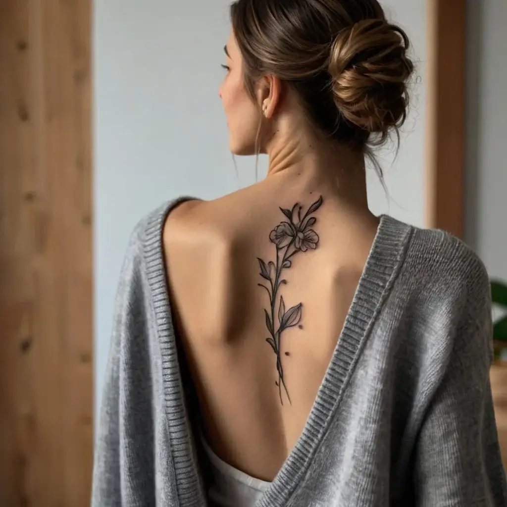 Elegant floral tattoo on the upper back, featuring a stylized branch with two blooming flowers and delicate leaves.