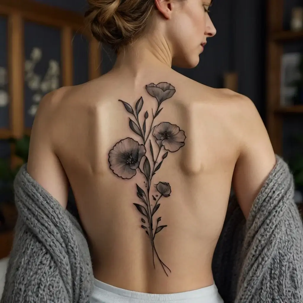 Elegant black and gray floral tattoo on a woman's spine, featuring delicate poppies with detailed shading and linework.