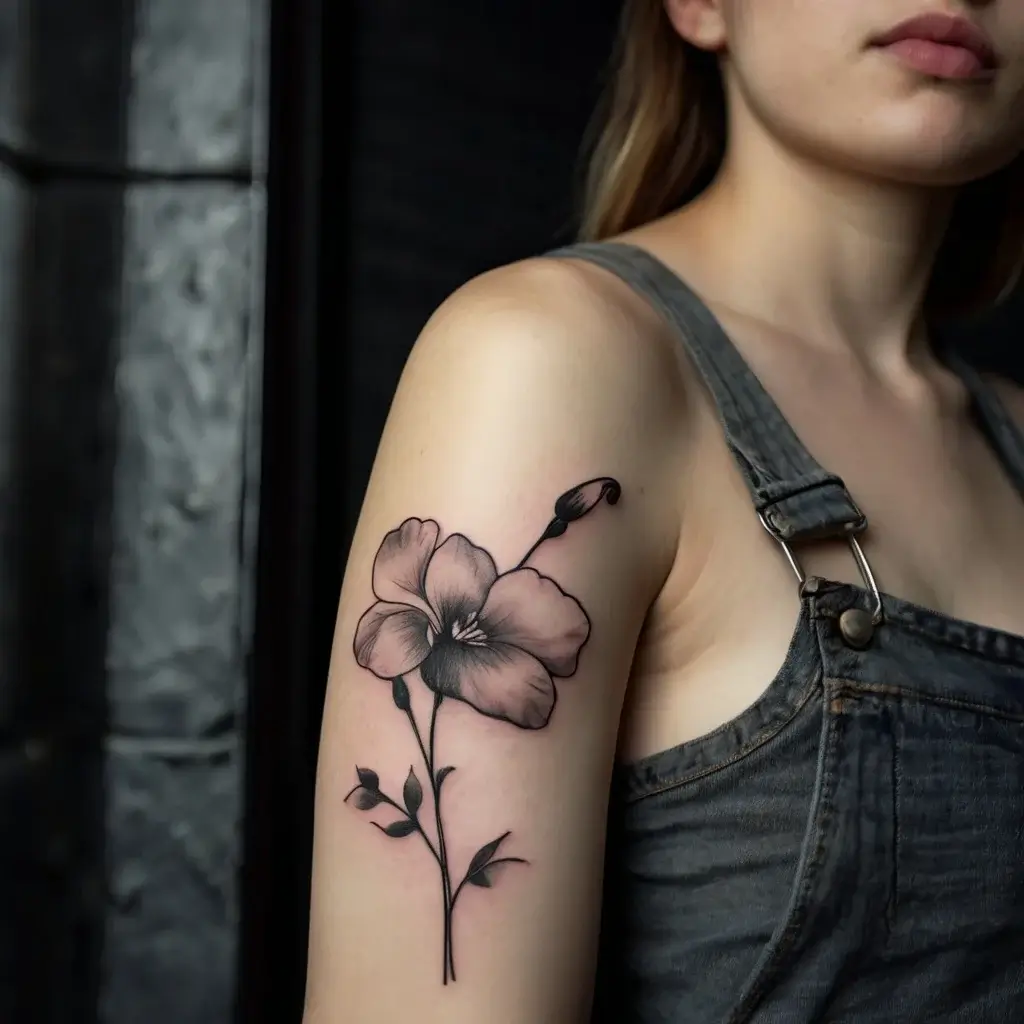 Black and gray floral tattoo on arm, featuring a detailed hibiscus with leaves and a budding flower, emphasizing elegance.