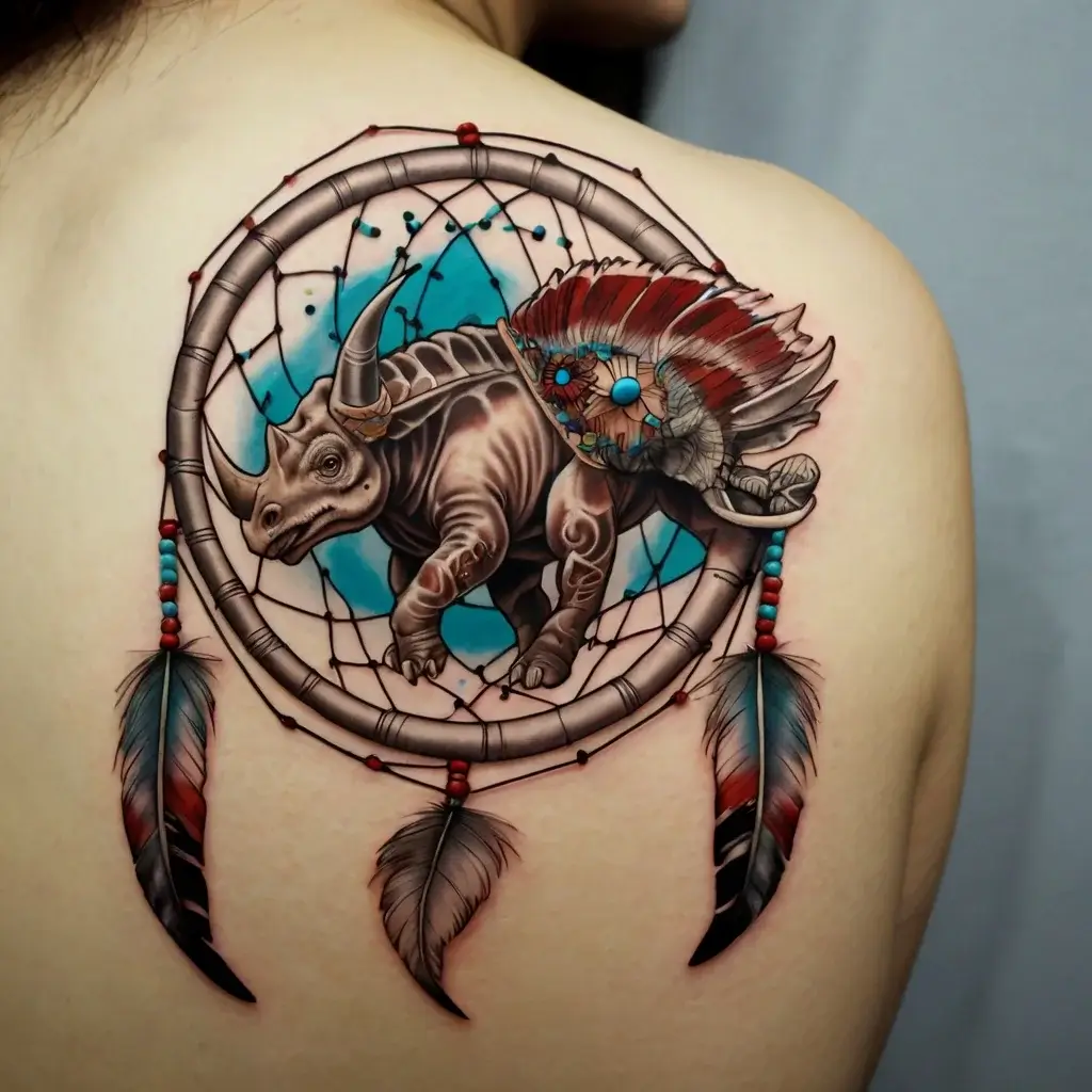 Tattoo of a rhino in a dreamcatcher with feathers. The rhino wears a colorful tribal headdress.