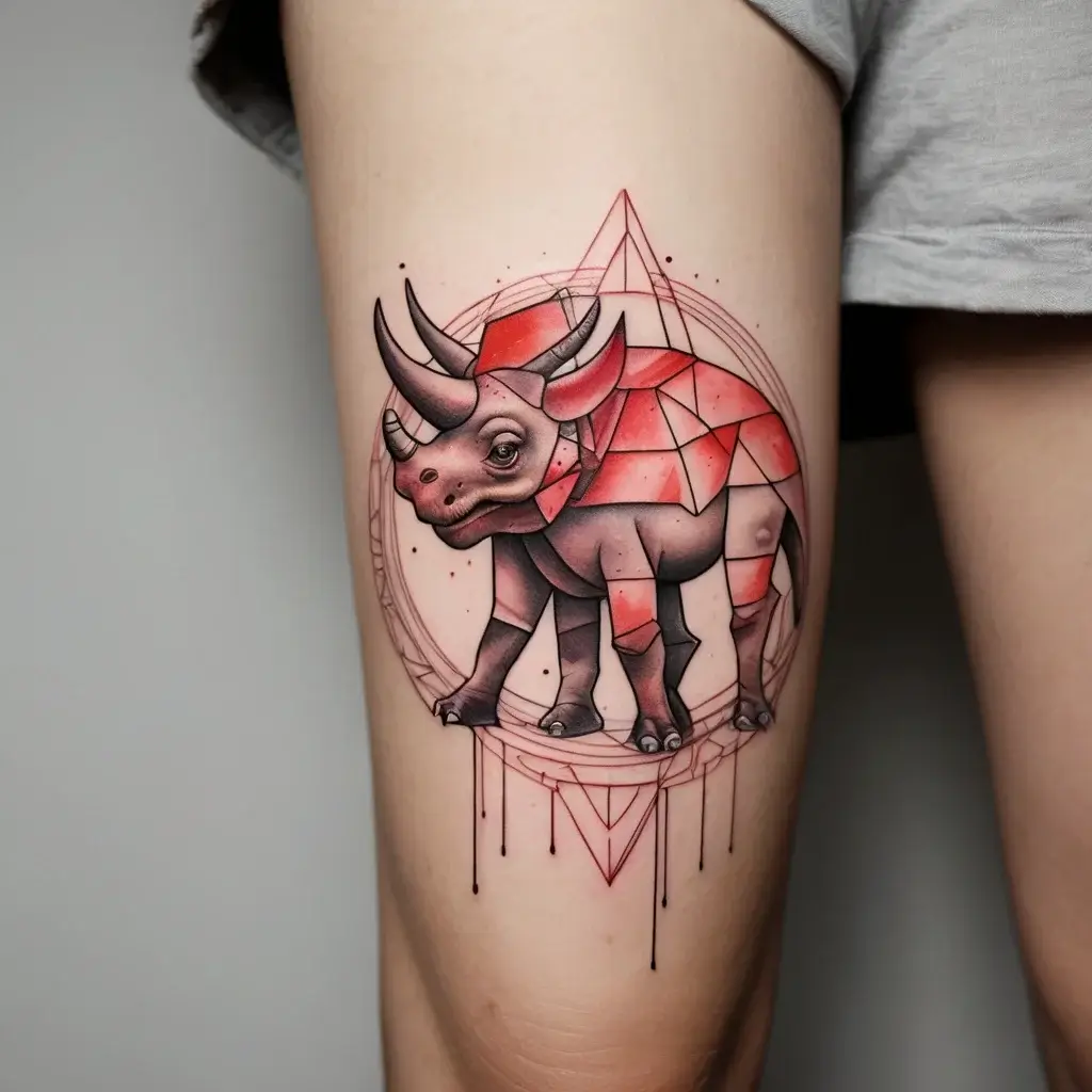 Geometric rhino tattoo with red and black facets, surrounded by intricate line art and dots, on the thigh.