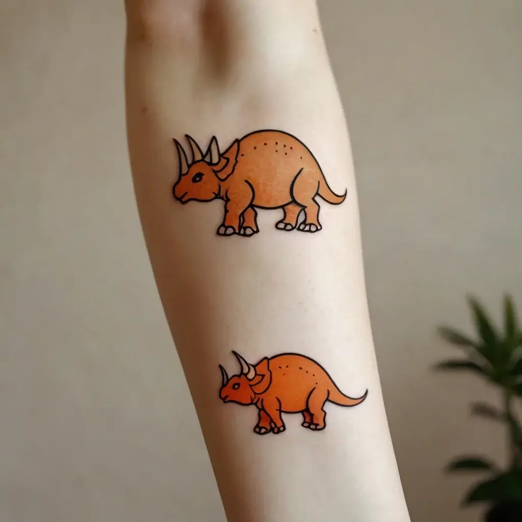 Two cute, orange cartoon triceratops tattoos with bold outlines on a forearm, featuring playful and minimalistic designs.