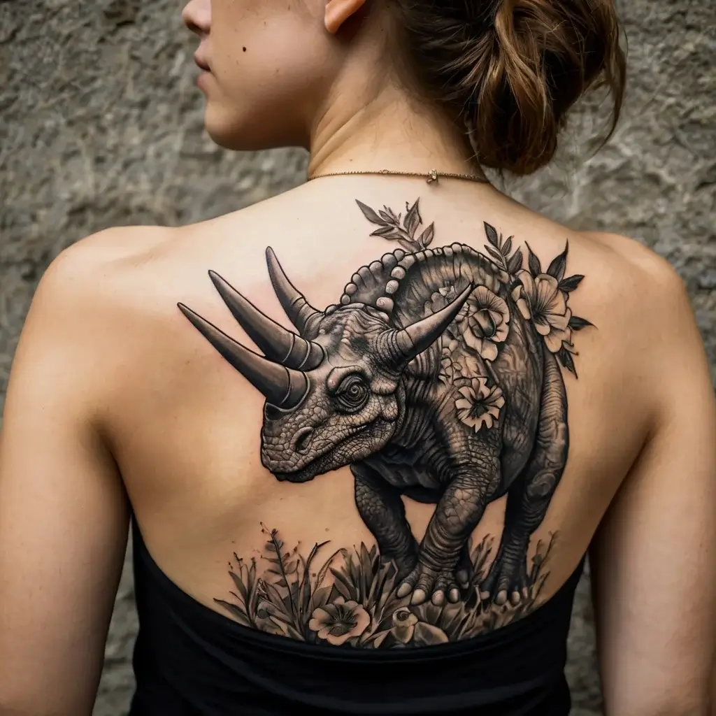 Intricate triceratops tattoo on back, adorned with flowers and foliage, blending nature with prehistoric symbolism.