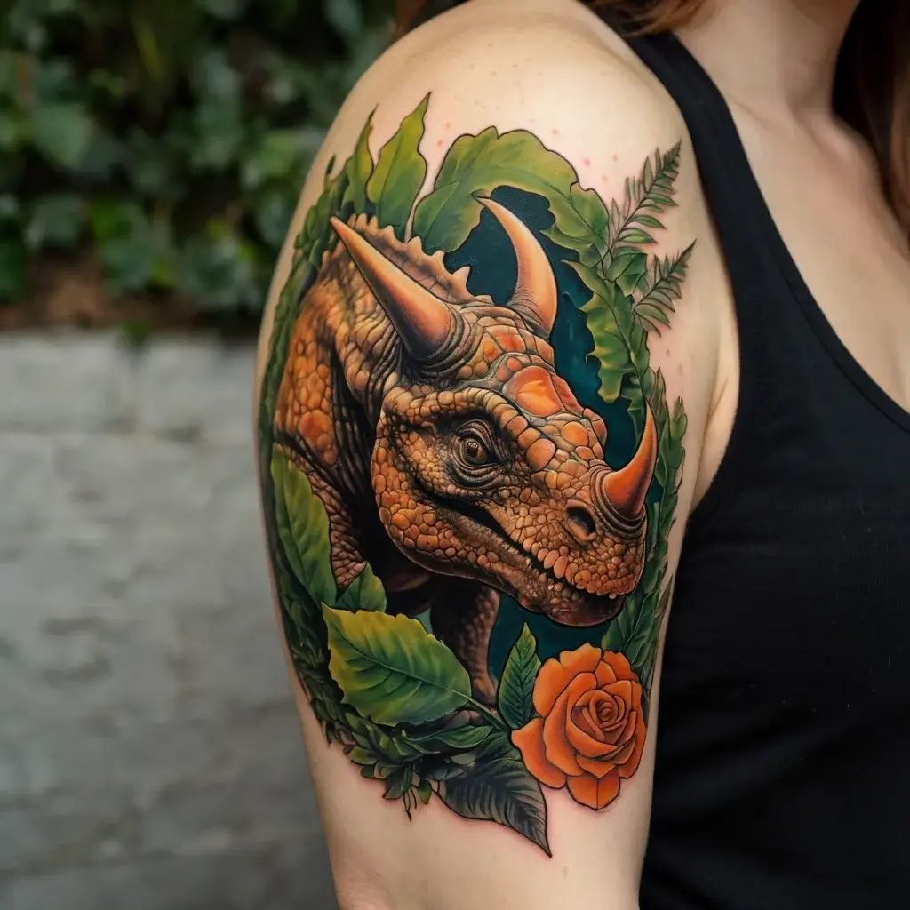 A vibrant tattoo of a triceratops surrounded by lush green leaves and an orange rose on the upper arm.