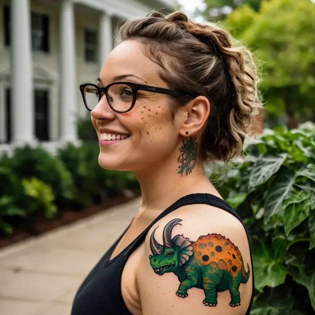 Colorful triceratops tattoo on upper arm with vibrant green and orange details. Stylized text tattoo behind the ear.