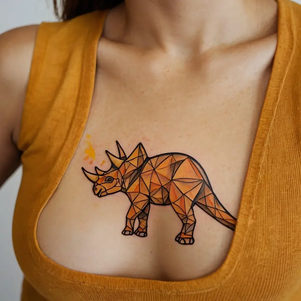 Geometric triceratops tattoo in shades of brown, with polygonal patterns and an orange splash on the chest.