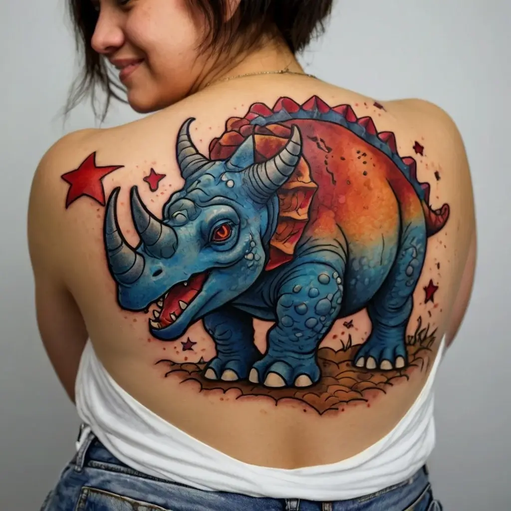 Colorful triceratops tattoo on back with blue and orange hues, surrounded by red stars.✧ Assertive and whimsical design.