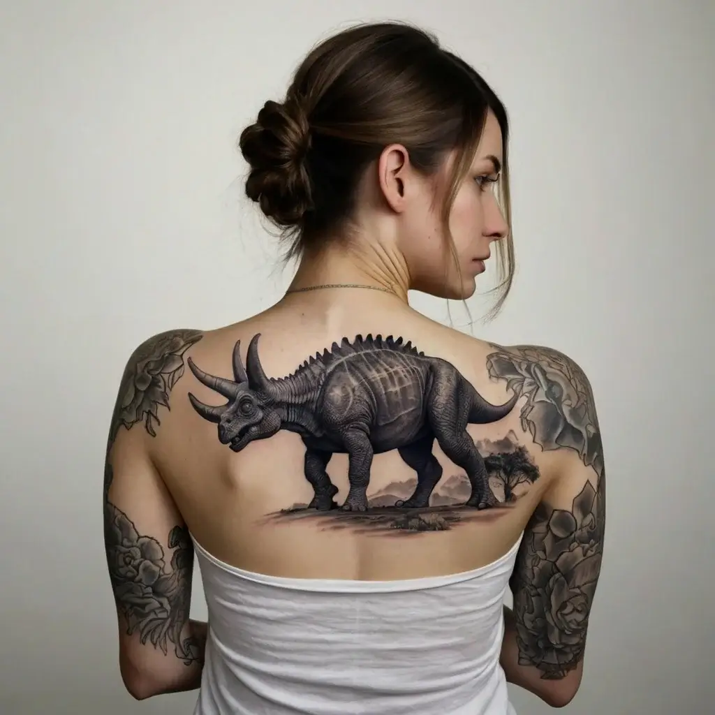 Realistic triceratops tattoo on back, shaded in grayscale, with intricate floral designs on shoulders and arms.