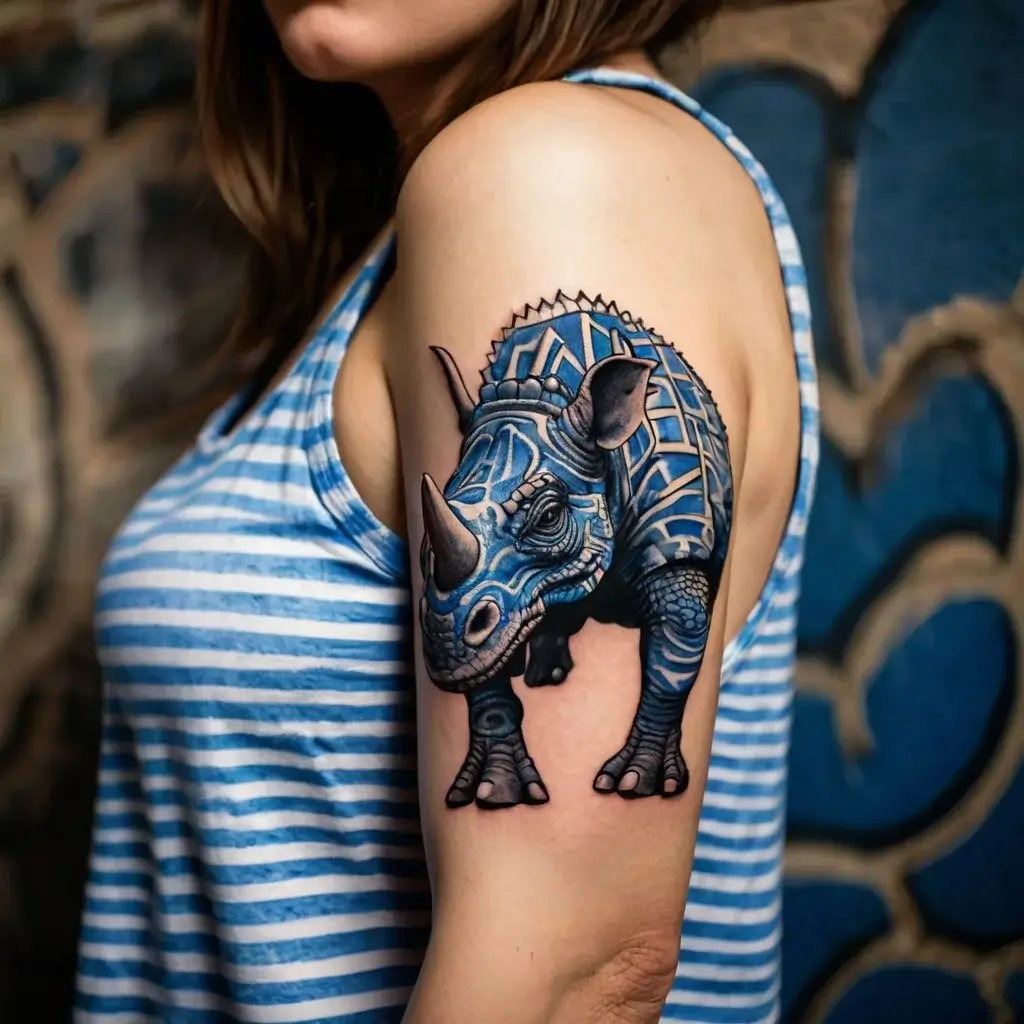 Vibrant blue geometric rhino tattoo on upper arm, blending realism with intricate tribal patterns.