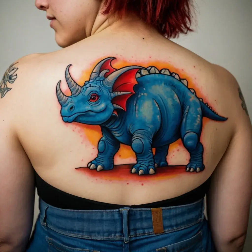 Blue triceratops tattoo with orange highlights on back; cartoon style with vivid details and playful expression.