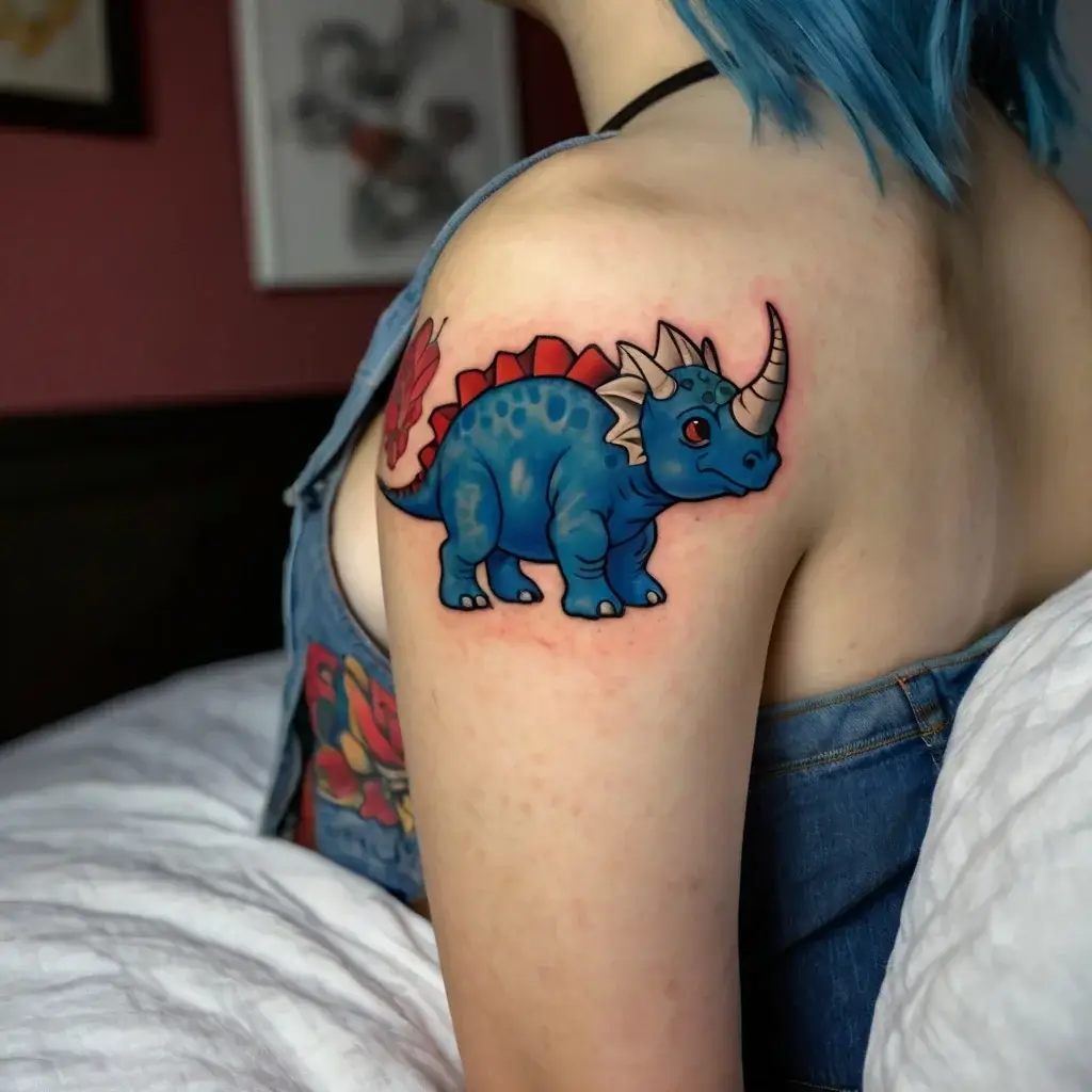 Colorful cartoon dinosaur tattoo on upper arm, showcasing a blue triceratops with red plates and vibrant detail.