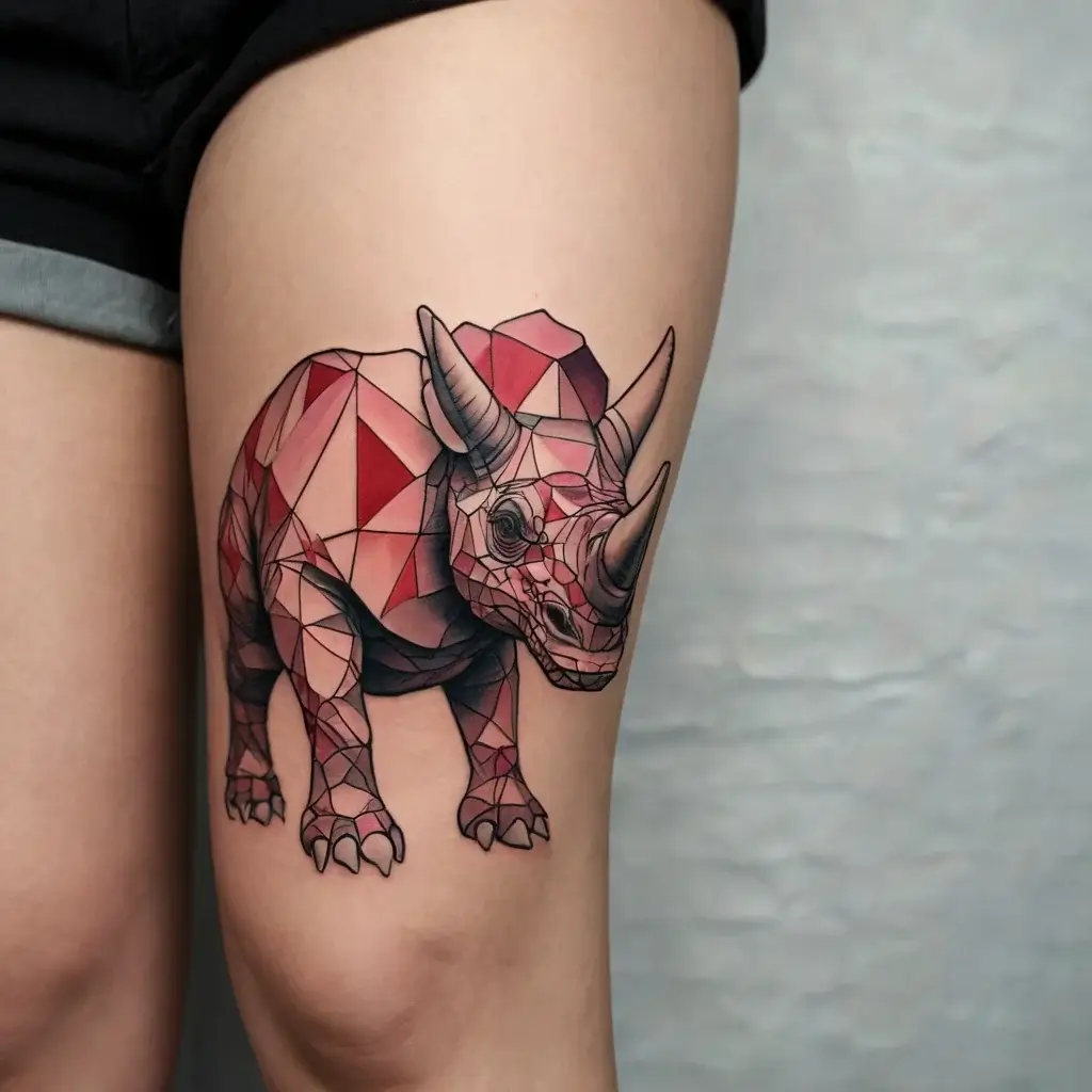 Geometric rhino tattoo on thigh, featuring shades of red and pink with intricate polygonal facets.