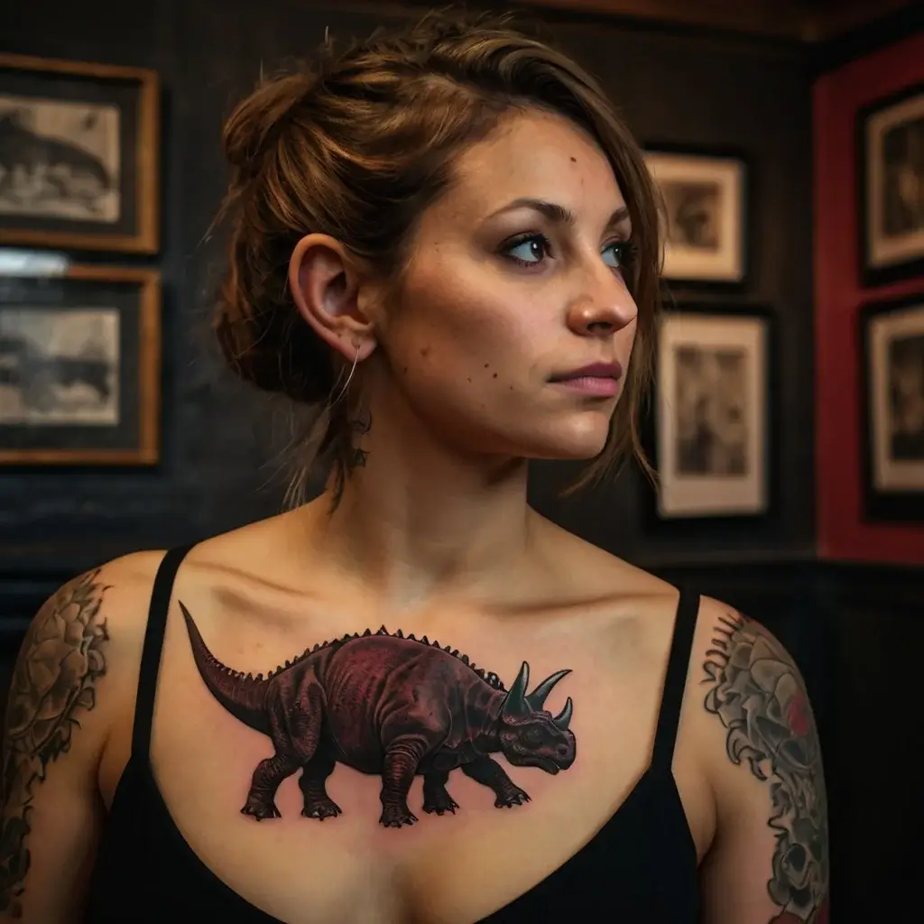 Chest tattoo of a detailed triceratops in dark hues, highlighted with shading, showcasing bold, lifelike features.