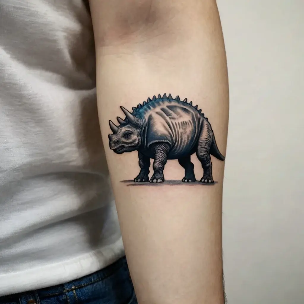 Realistic dinosaur tattoo of a triceratops on forearm, featuring detailed shading and strong black outlines.